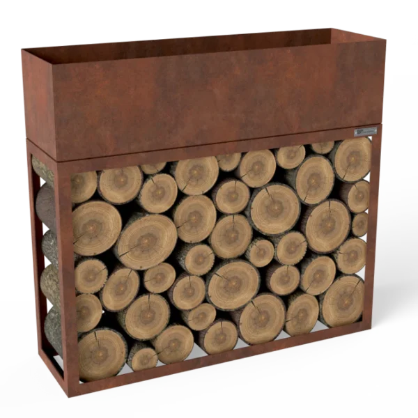 Blumenkasten mit Kaminholzregal Rost «Nature Box», 120-180 x 35 x 110 cm